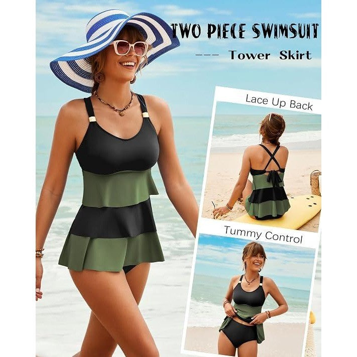 MSRP $34 XUNYU Women's XL Green/Black Two Piece Tankini Swimsuits Tummy