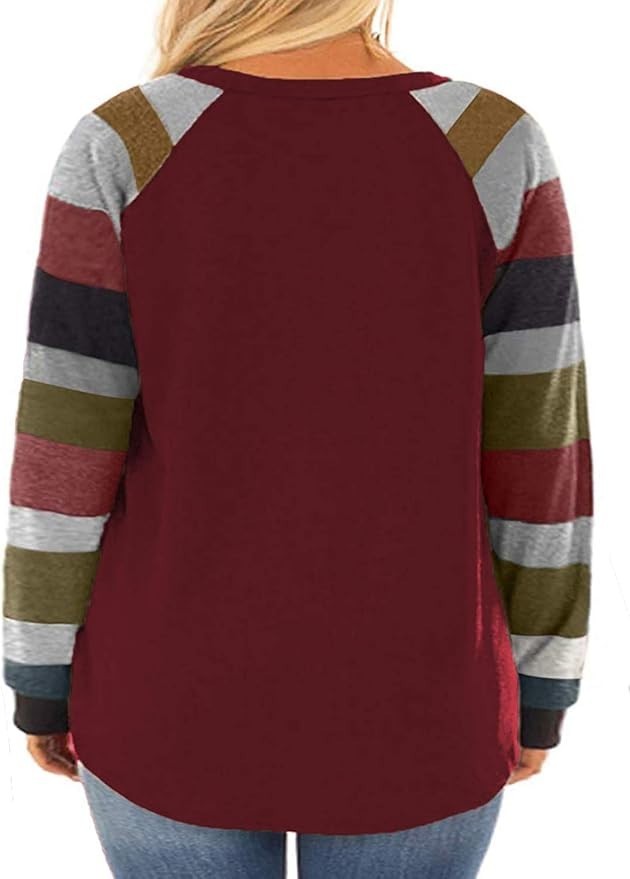 ROSRISS Women's 14W-28W Long Sleeve Tunic Crewneck Colorblock Striped Tee Shirt