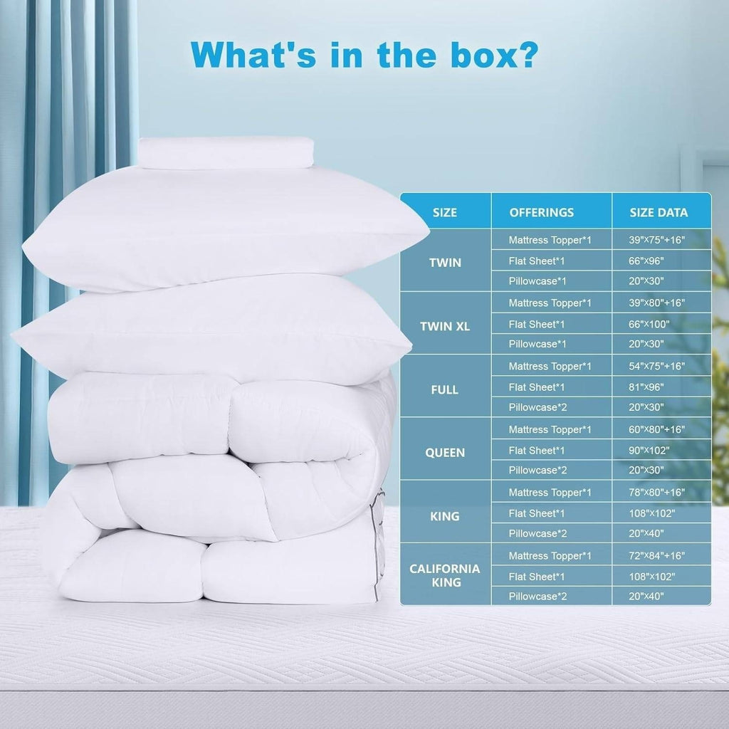 MASVIS White Mattress Topper with Flat Sheet and Pillowcases Full Size Extra Thi