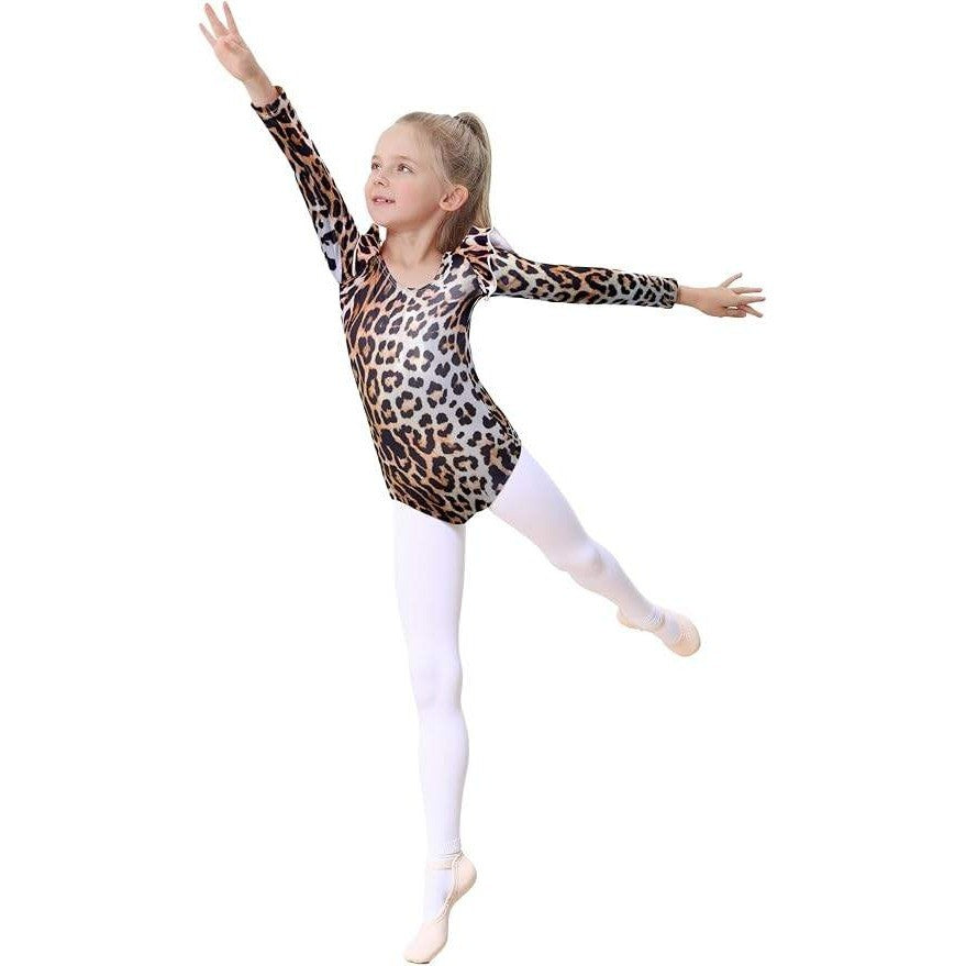 Tziharora Girls 3-4T Black Leopard Long Sleeve Gymnastics Leotard with 3D Ruffle