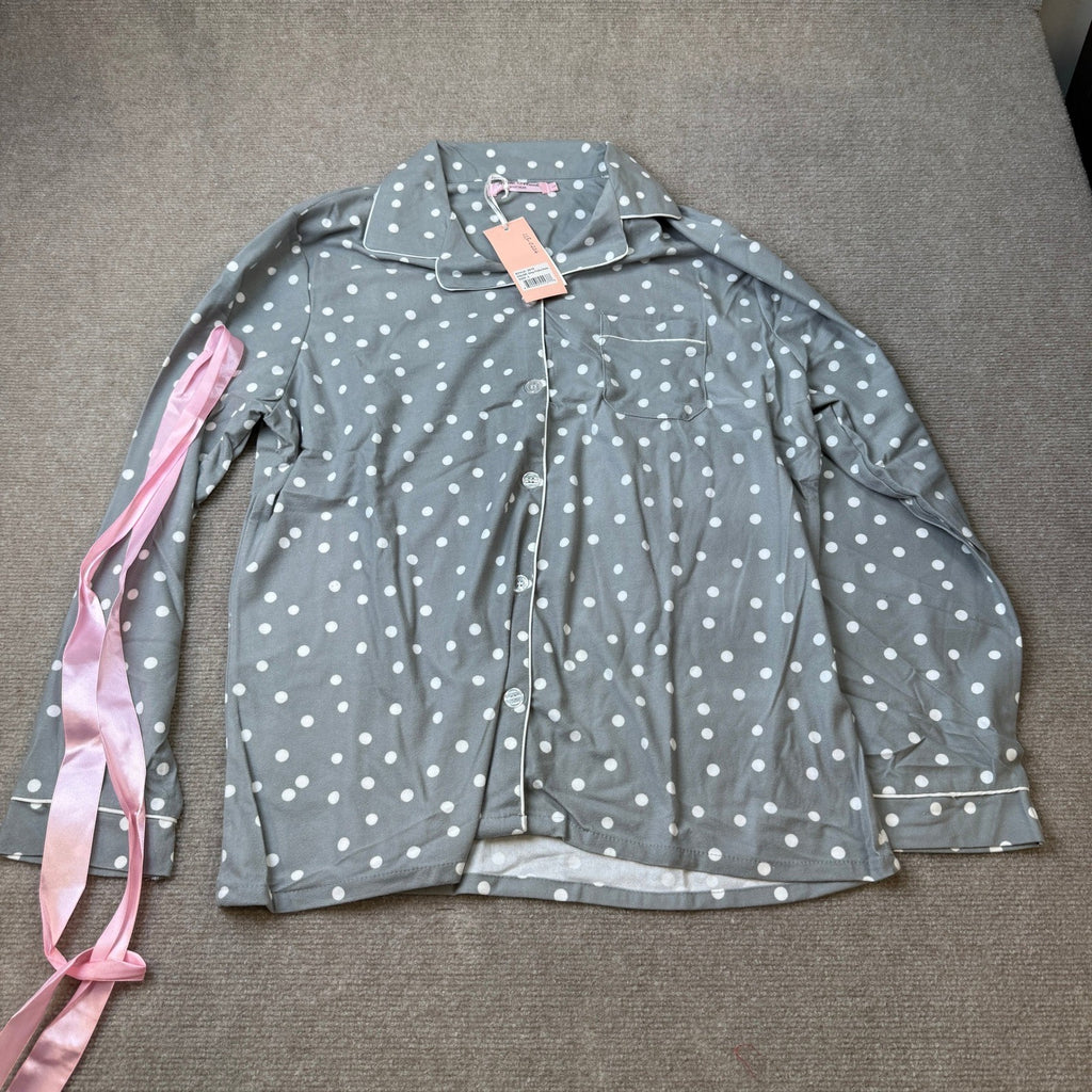 NWT White Mark Women's L Grey Polka Dots 3 Piece Long Sleeve Pants Pajama Set