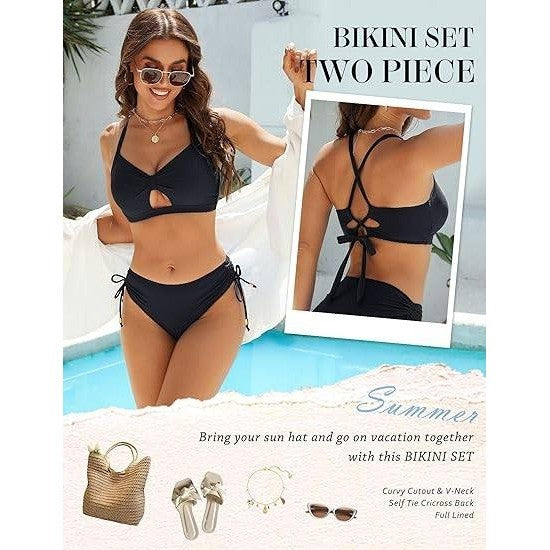 MSRP $35 Blooming Jelly Women's L Black Bikini Sets Cheeky Two Piece Swimsuit