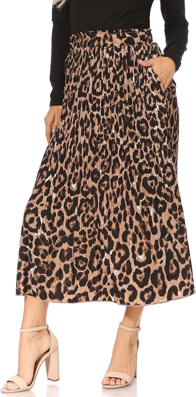 Small Leopard Skirts for Women with Pockets, Reg & Plus Size Pleated Boho Skirts