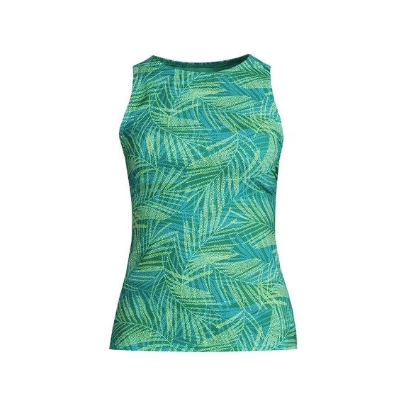 Lands' End Women's 4, 4 LONG High Neck Modest Tankini Green Swimsuit Top UPF 50