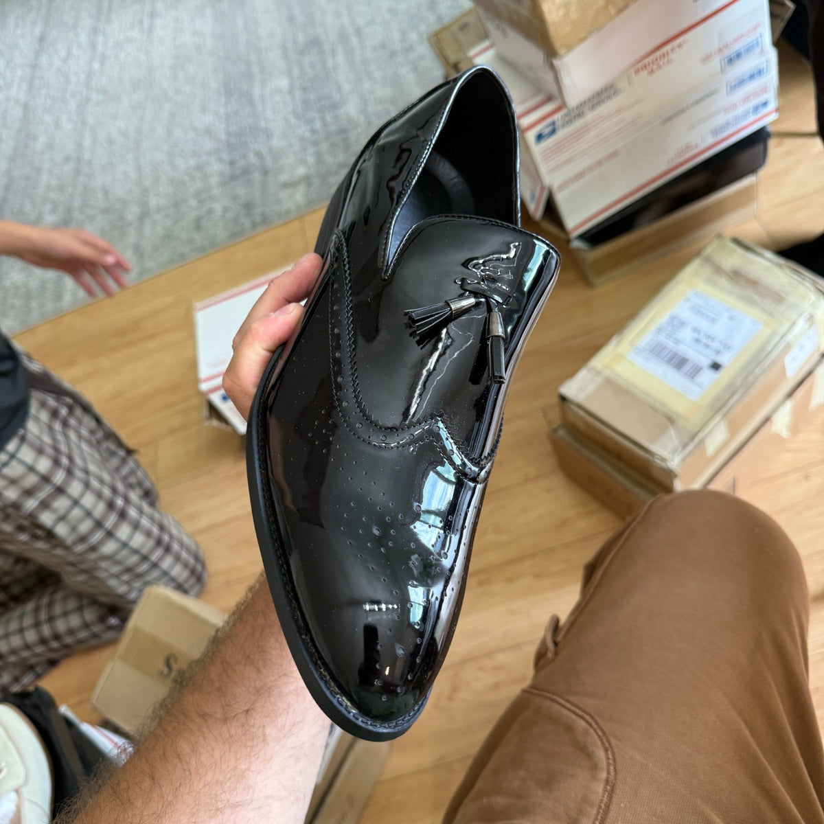 Santimon Men's US 8 Black Patent Leather Wingtip Tassel Loafers Dress Shoes
