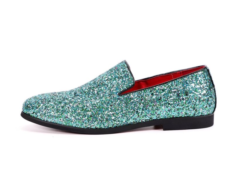 Santimon Men's US 7 - 12.5 Cyan Glitter Slip On Loafers Sequin Dress Shoes