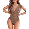 MSRP $26 Avidlove Women's S Brown Lace One Piece Bodysuits Sexy V Neck Sheer
