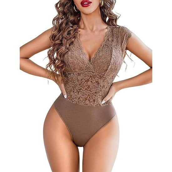 MSRP $26 Avidlove Women's S Brown Lace One Piece Bodysuits Sexy V Neck Sheer