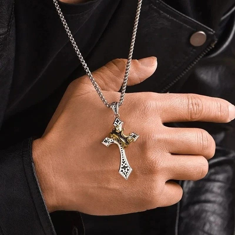 Mens Cross Necklace Silver Tone w/ Gold Tone Crown Pendant Christian Jewelry