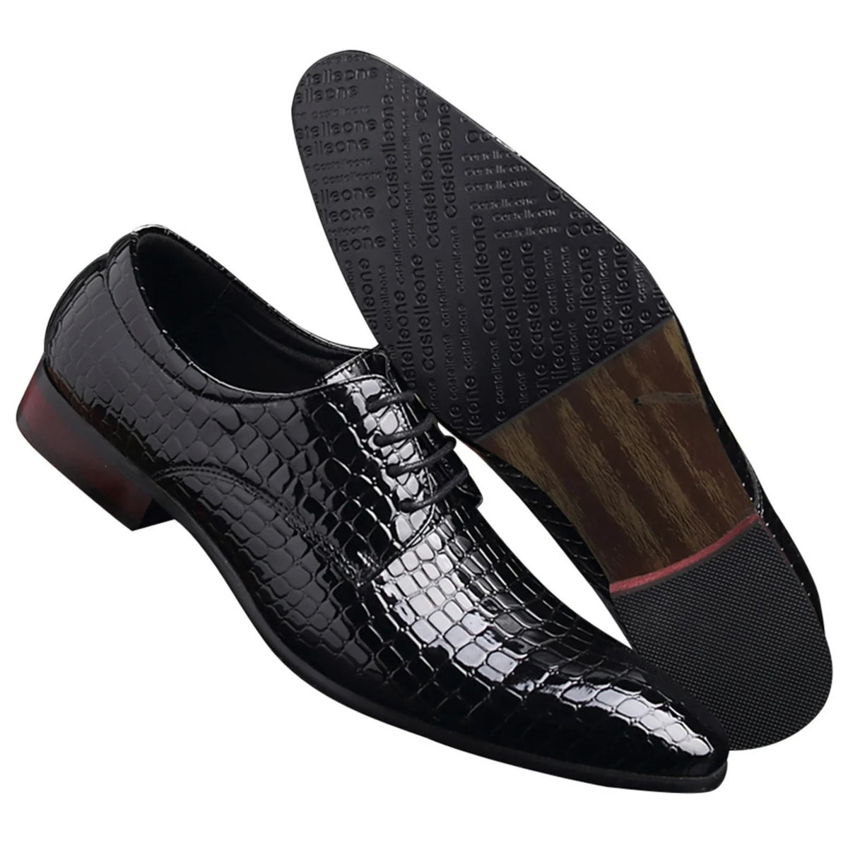 Santimon Men's US 8 - 12.5 Black Oxfords Alligator Patent Leather Dress Shoes