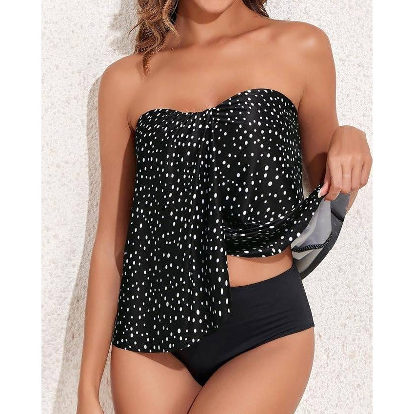 MSRP $44 Tempt Me Women's L Black Two Piece Tankini Bathing Suit Halter Bandeau