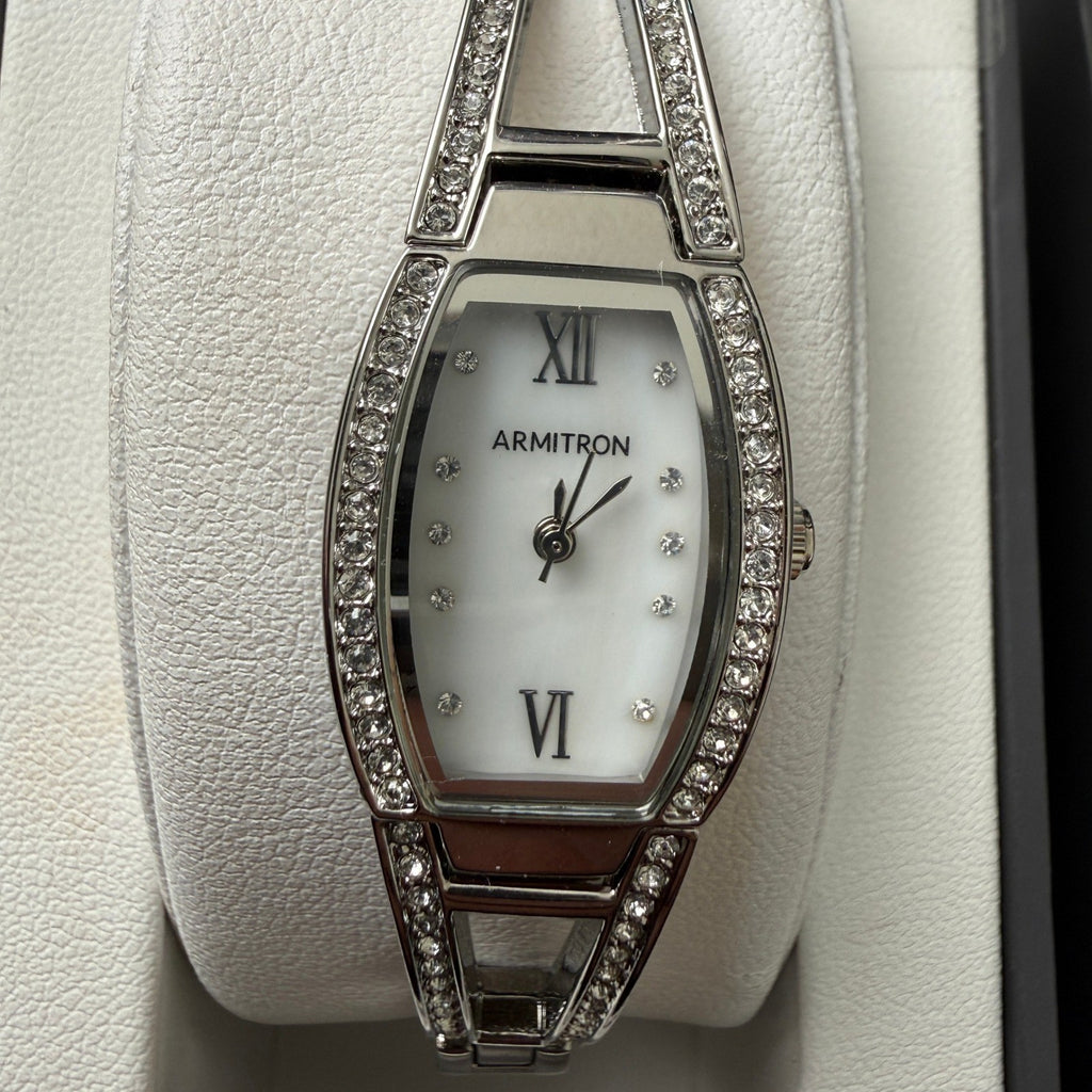 MSRP $65 Armitron 75/3531 Women's Silver Tone Crystal Bangle Watch New Battery