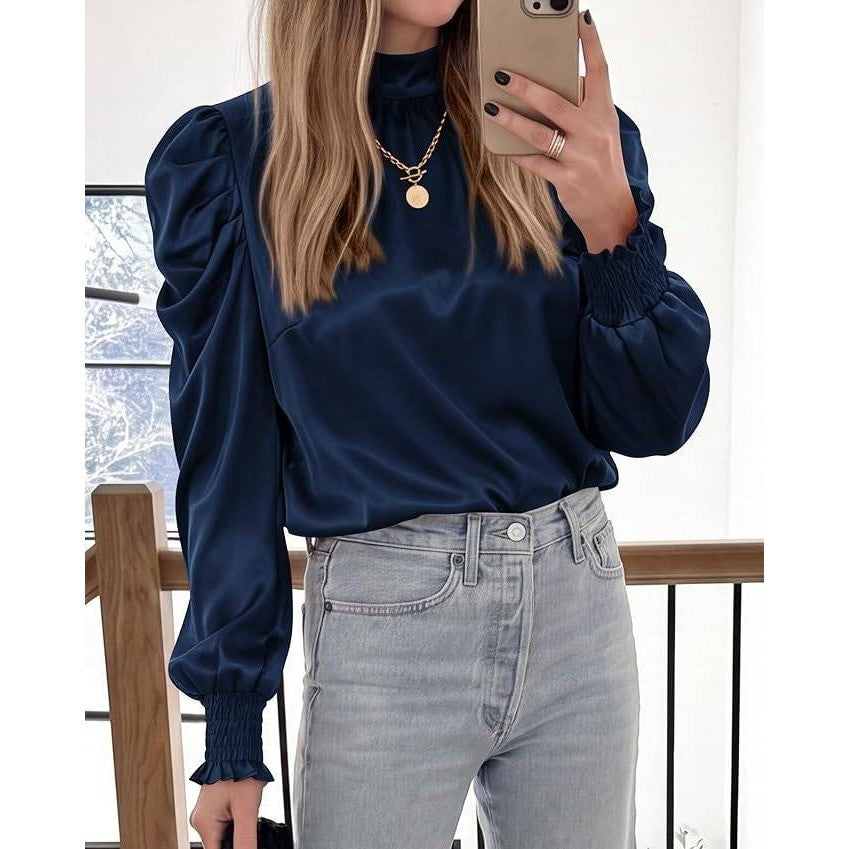 MSRP $23 BTFBM Women's XL Navy High Neck Long Sleeve Satin Blouse Dressy Puff