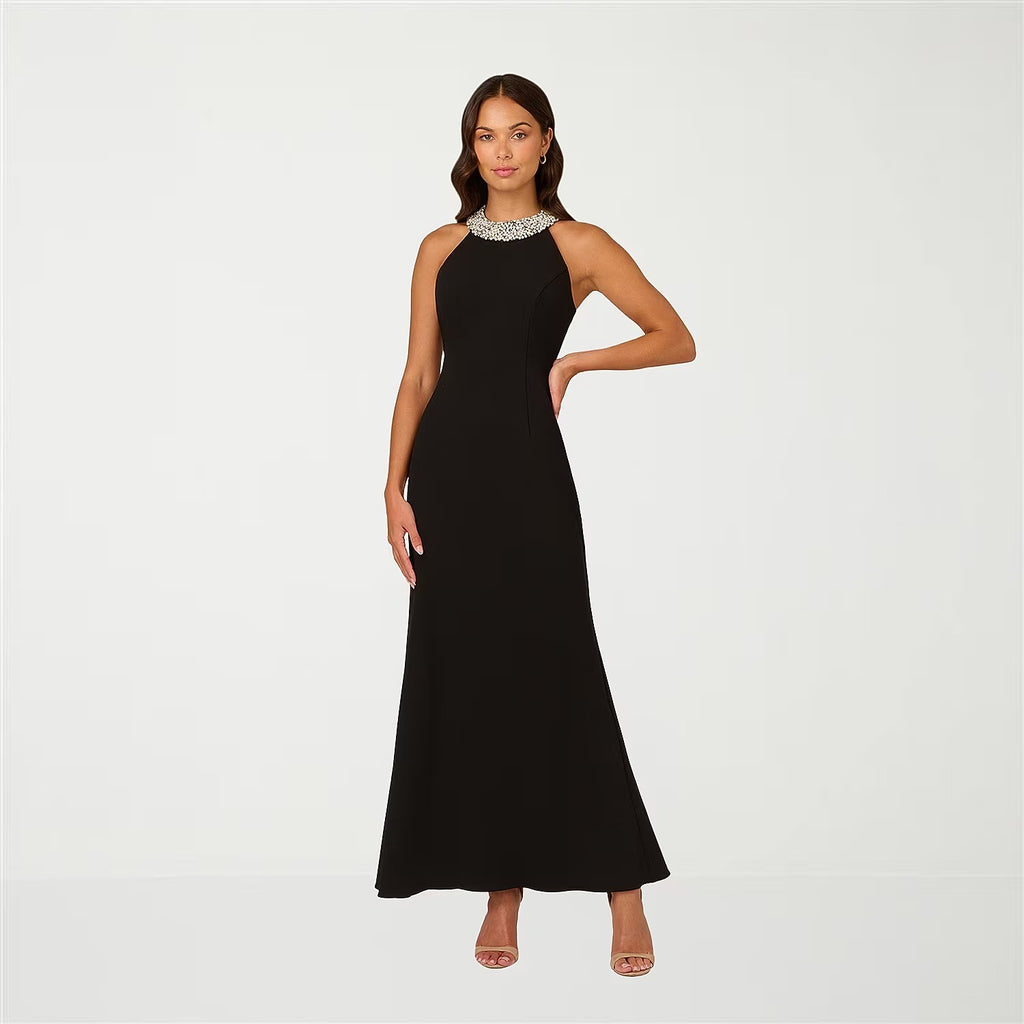 MSRP $160 Papell Boutique Womens 14, 16 Black Embellished Evening Gown Halter Ne