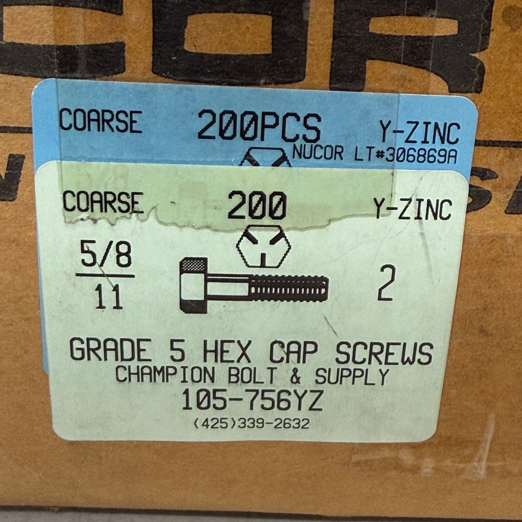 Pack of 200 Nucor 5/8-11 x 2 Grade 5 Hex Cap Screw Bolts Yellow Zinc Plated