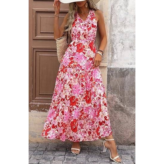 MSRP $54 BTFBM Women's Rose Red Flower L Summer Maxi Dress V-Neck Wedding Gu