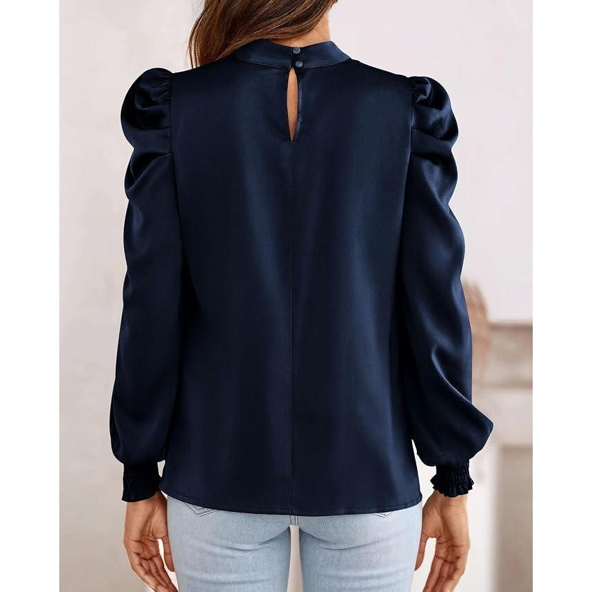 MSRP $23 BTFBM Women's XL Navy High Neck Long Sleeve Satin Blouse Dressy Puff