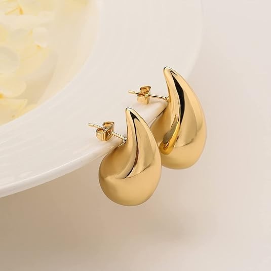 Gold Teardrop Hoop Earrings for Women 22mm, 32mm, Chunky Dangle, Hypoallergenic