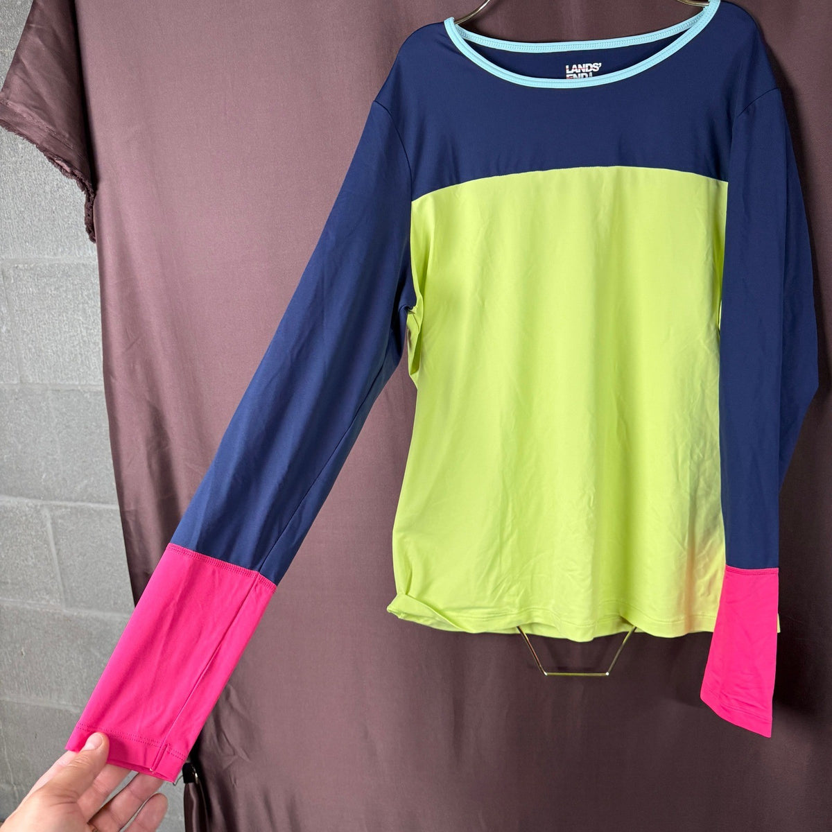 Lands' End Women's S Long Sleeve UPF 50 Rash Guard Crew Neck Yellow/Navy/Pink