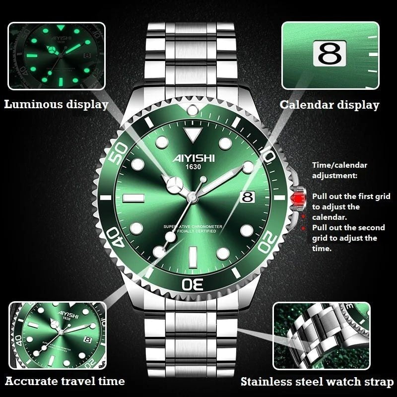 Dofia Xiaoya Aiyishi 1630 Men's Silver Stainless Steel Quartz Watch Green Dial G