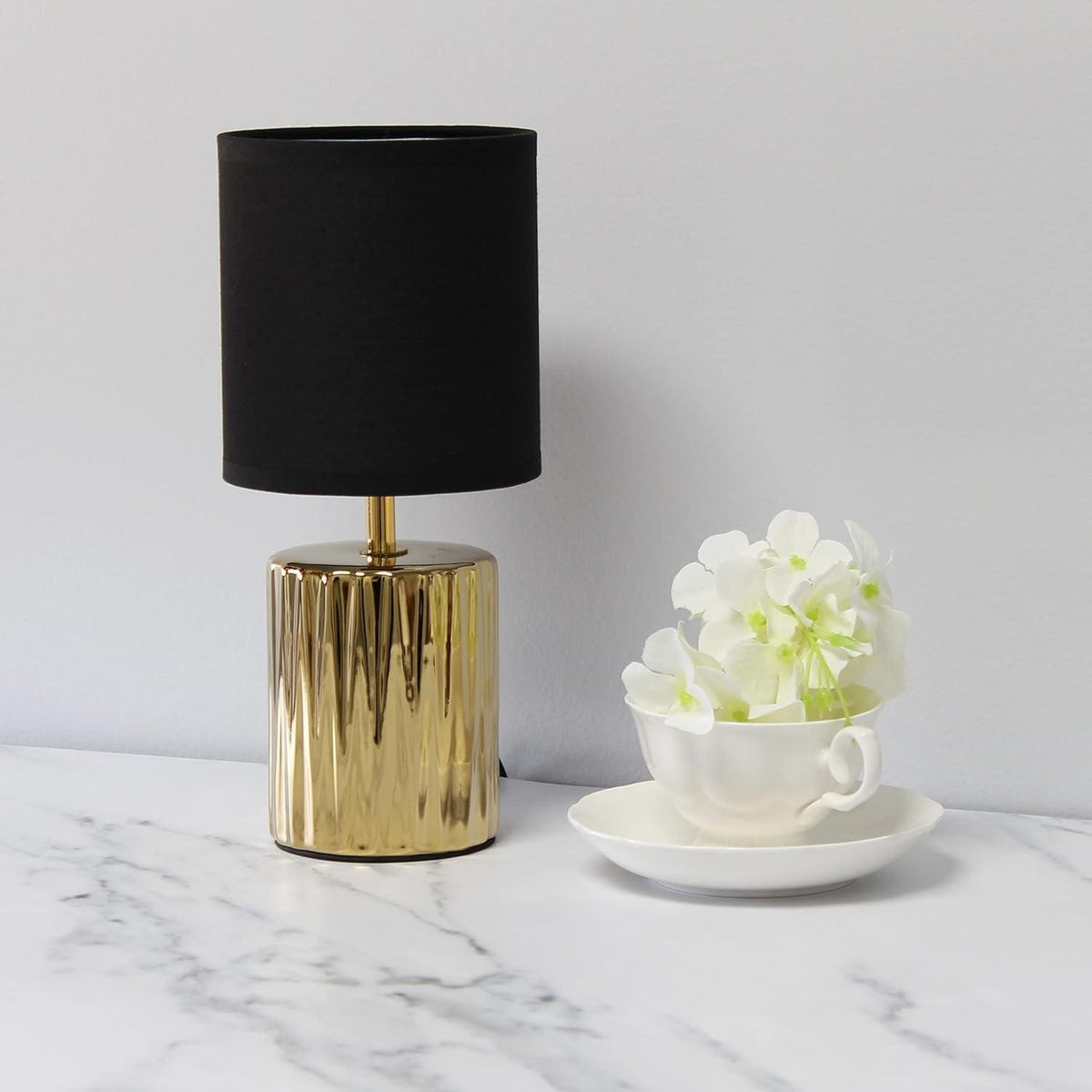 Simple Designs LT1132-GLD Table Lamp 11.6" Gold Ruffled Base Black Drum Shade M