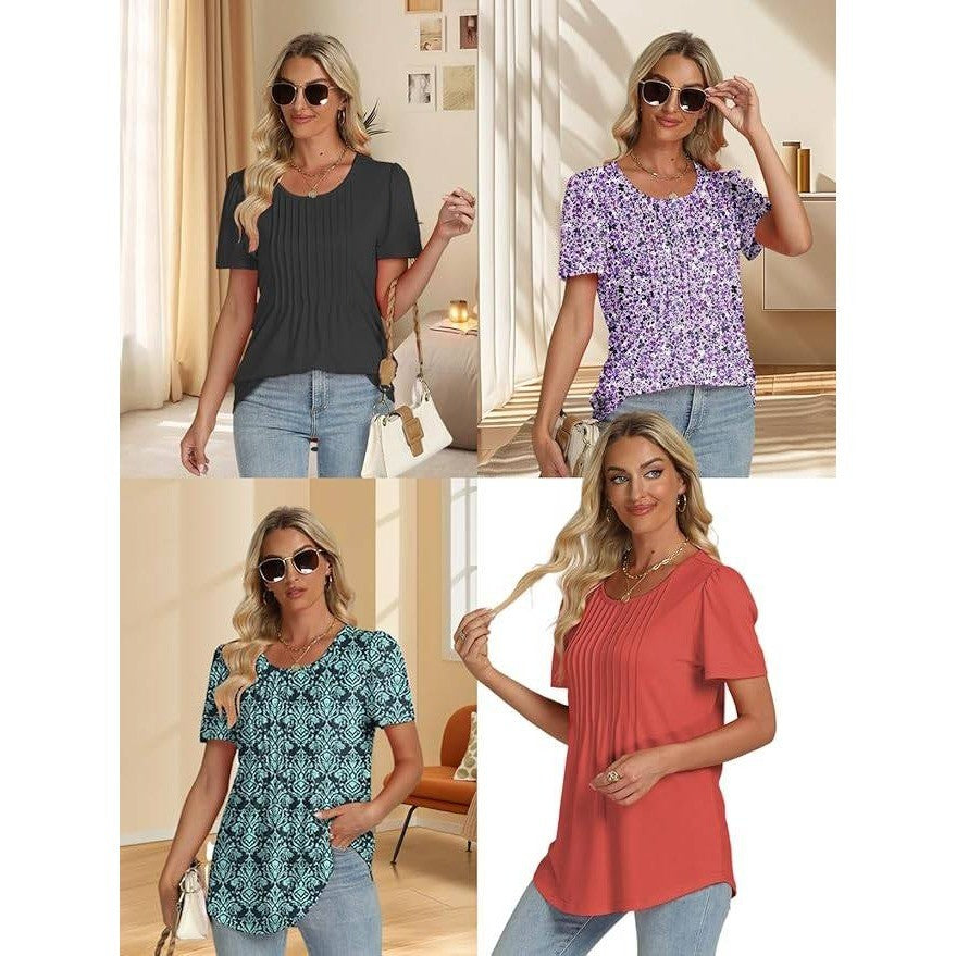 Women's S Short Sleeve T-Shirt Trendy Pleated Tee Blouse Dressy Casual Scoop Nec