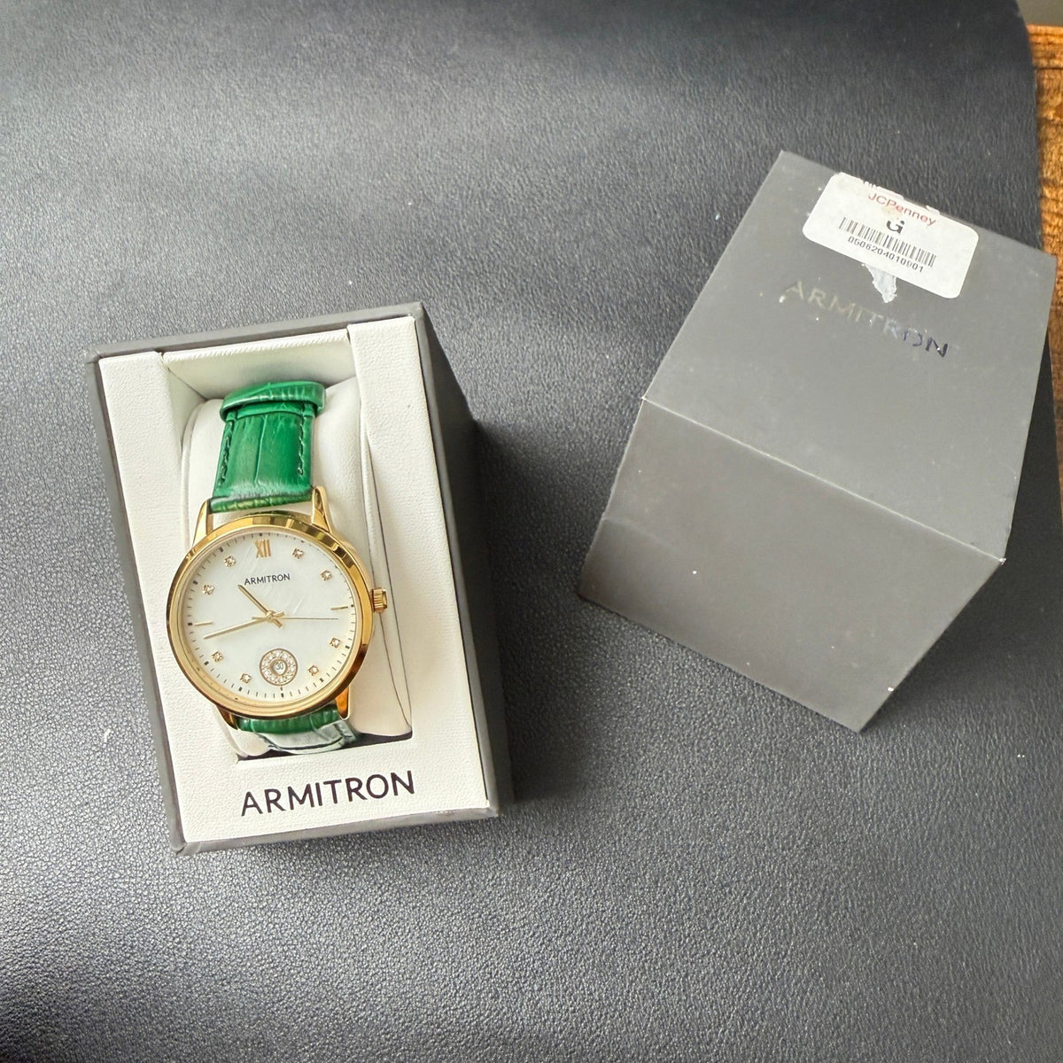 Armitron 75/5834GP Women's Gold Tone Crystal Green Leather Strap Watch New Batt