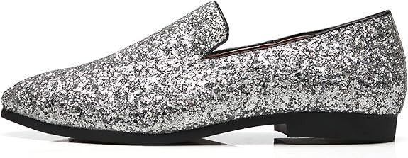 Santimon Men's US 6.5 - 12.5 Silver Glitter Slip-On Loafers Sequin Dress Shoes