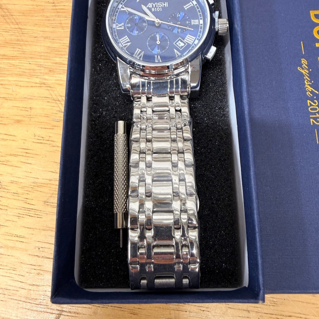 Dofia Xiaoya Aiyishi 9101 Men's Silver Stainless Steel Quartz Watch Blue Dial