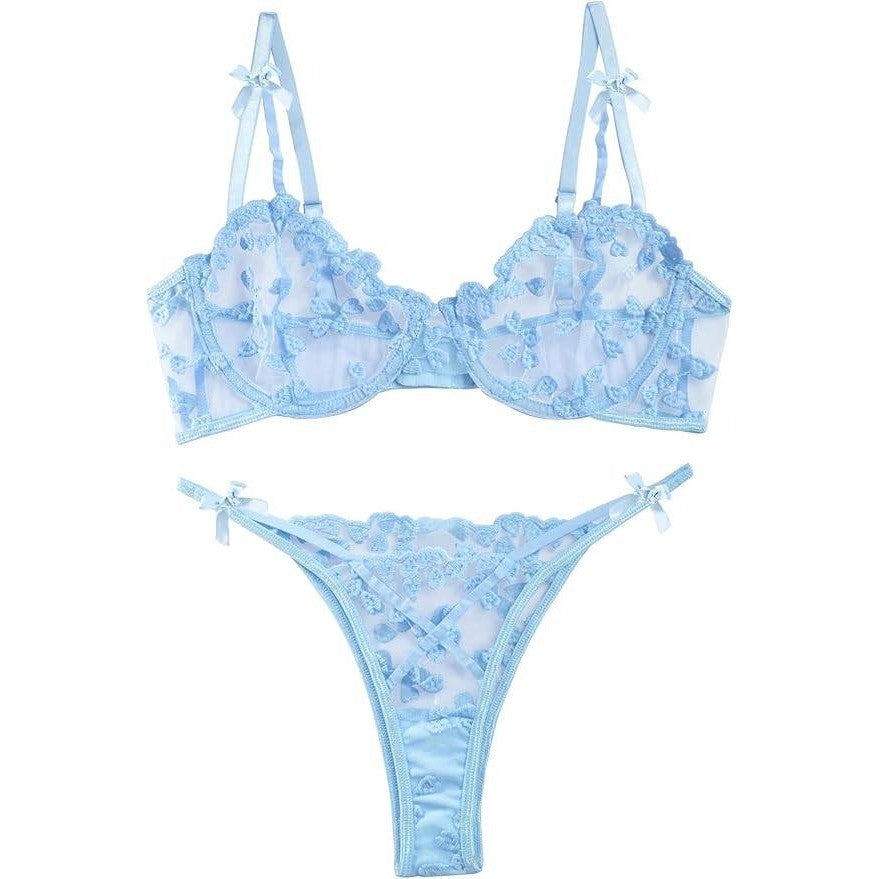 MSRP $26 Lilosy Women's L Sexy Underwire Cute Push Up Strappy Embroidered Mes