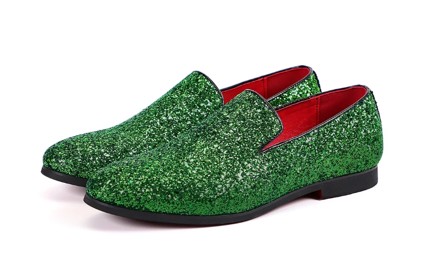 Santimon Men's US 7.5 - 12 Green Glitter Slip-On Loafers Sequin Dress Shoes