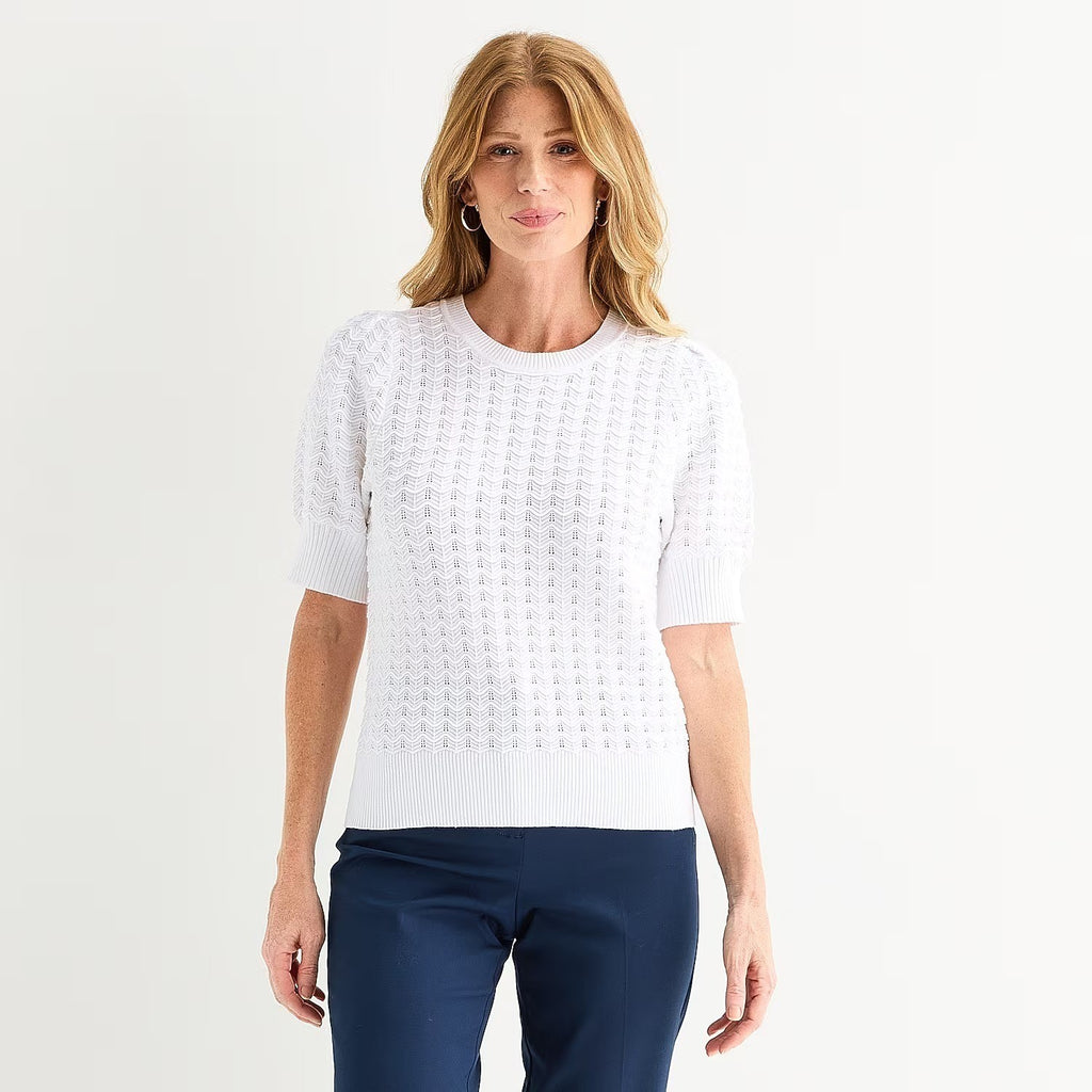 MSRP $44 Liz Claiborne Womens S Petite White Short Sleeve Pullover Sweater Crew