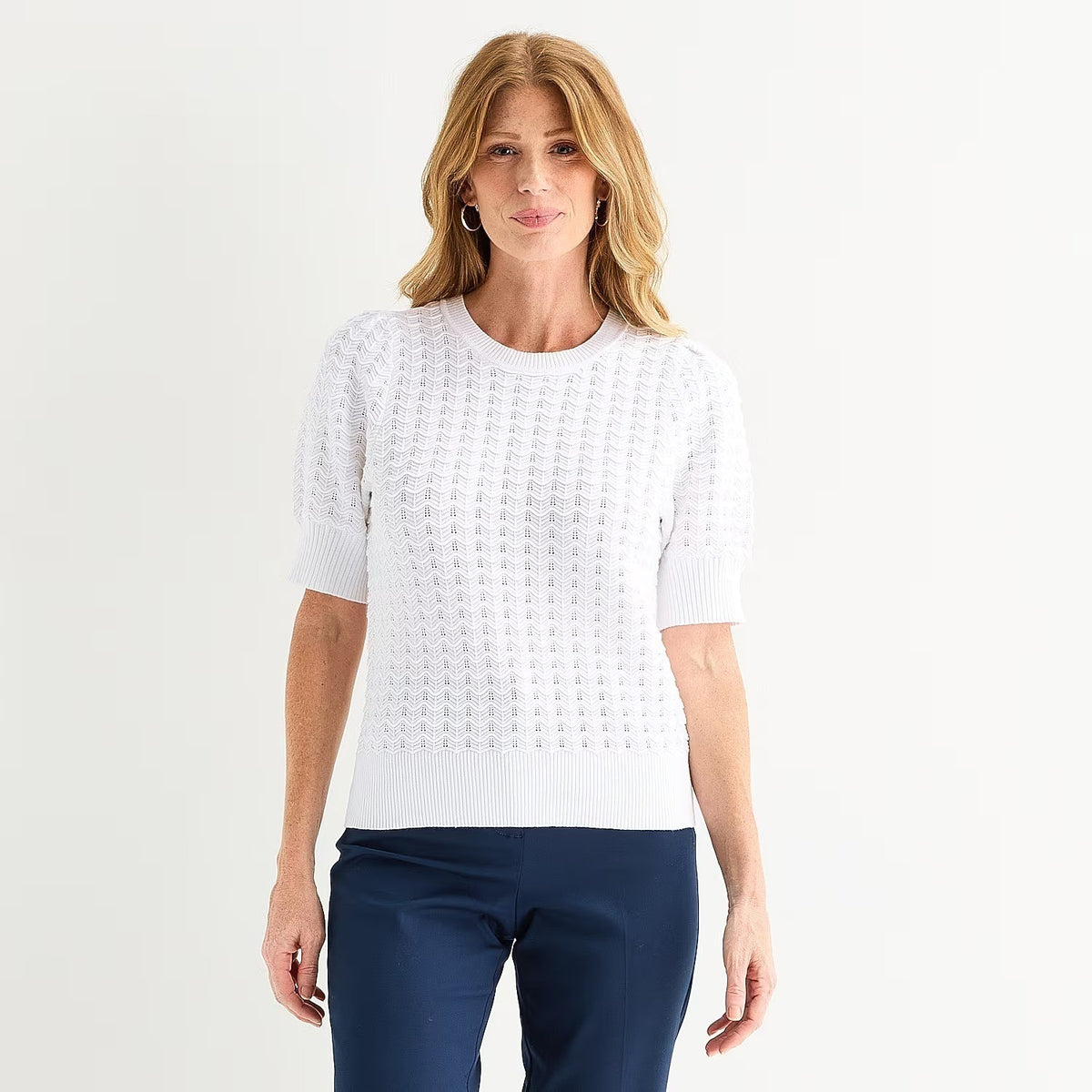 MSRP $44 Liz Claiborne Womens S Petite White Short Sleeve Pullover Sweater Crew