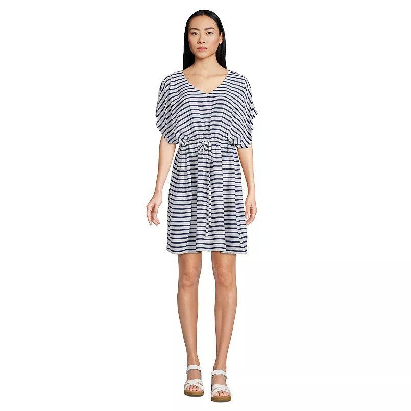 Lands' End Women's M LONG Short Sleeve Gathered Waist Swim Cover-up Dress