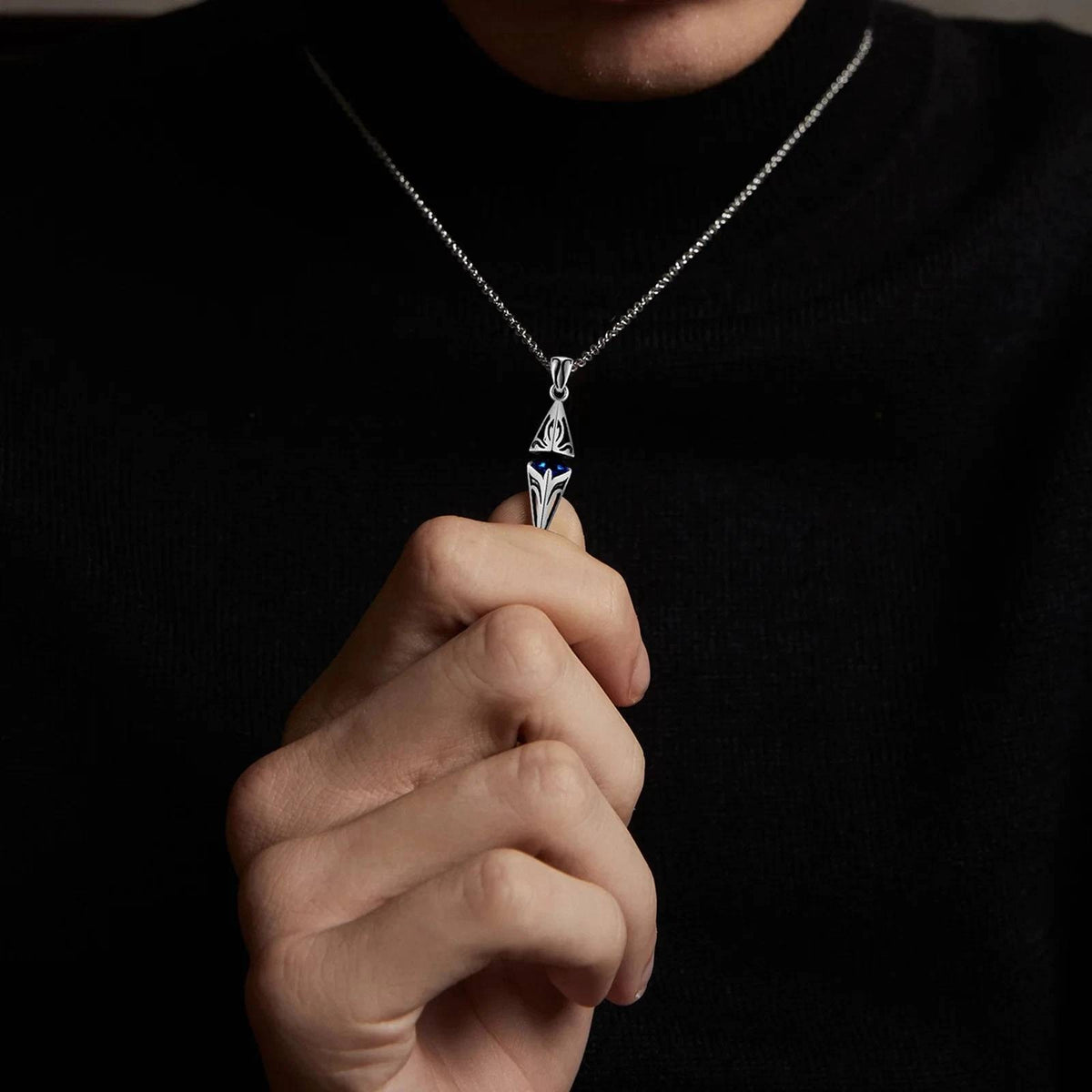 Blue Stone Stainless Steel Silver Tone Necklace Geometric Pendant Men's Jewelry