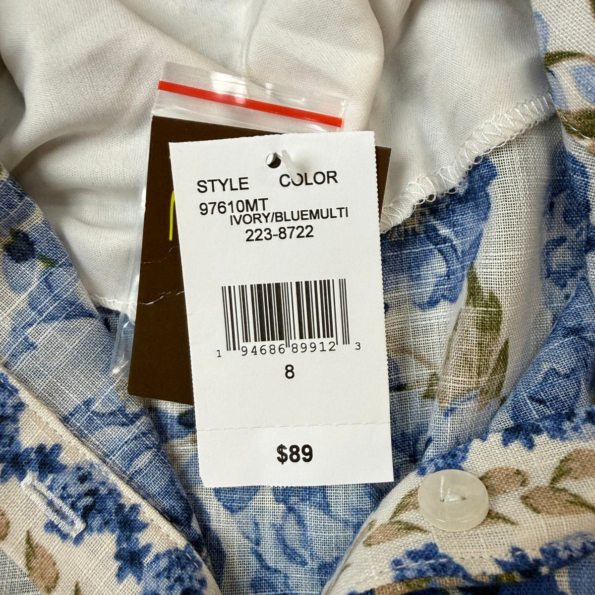 MSRP $89 Melonie T Womens 8 Ivory/Blue Floral Belted Midi Shirt Dress Short