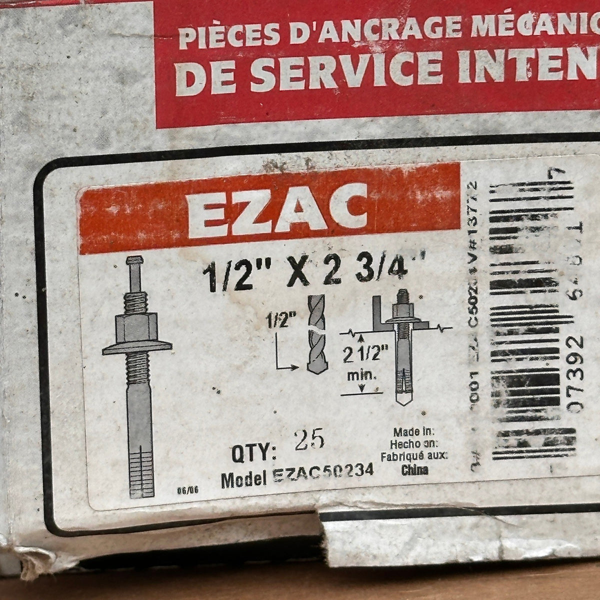 Pack of 25 Simpson Strong-Tie EZAC50234 1/2 x 2-3/4 Expansion Wedge Anchors Ea