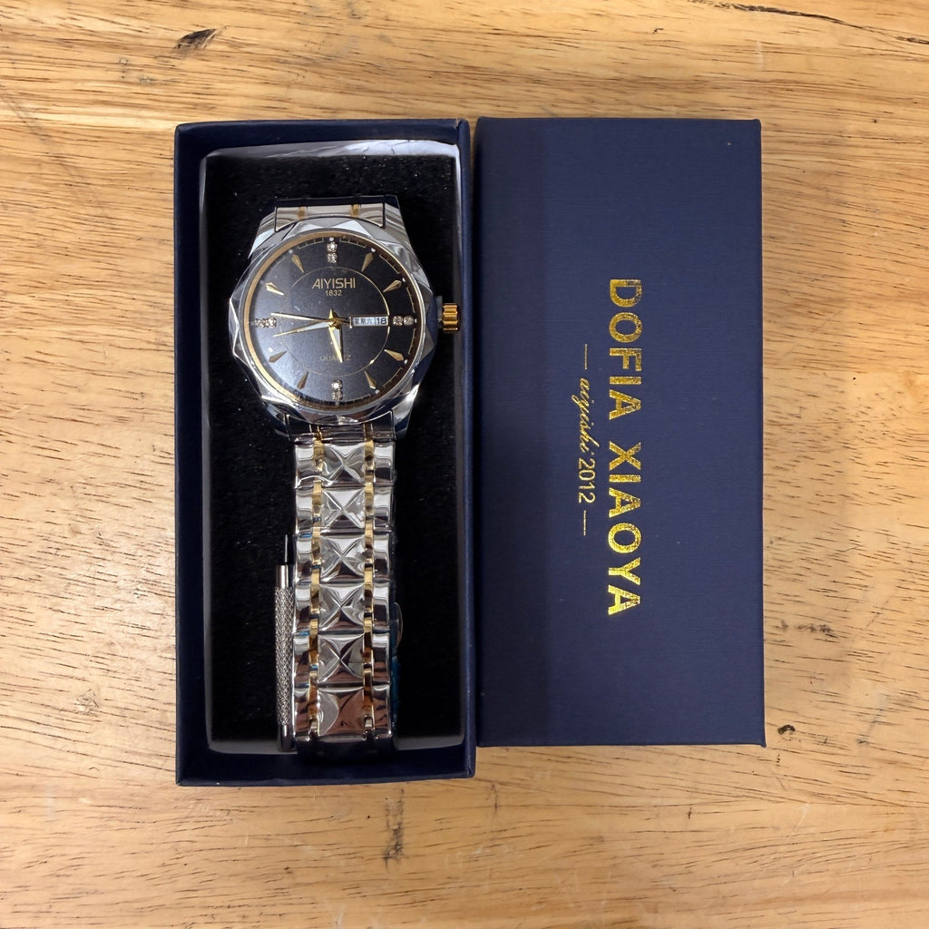 Dofia Xiaoya Aiyishi 1832 Men's Two Tone Stainless Steel Quartz Watch Black Dia