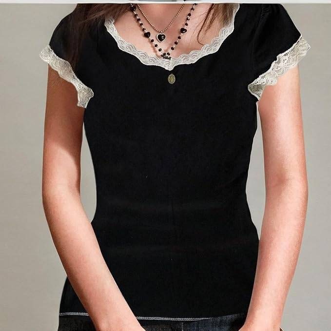 MSRP $23 Aopwsrlyi Women's L Y2k Fairy Grunge Shirt See Through Square Neck Lace