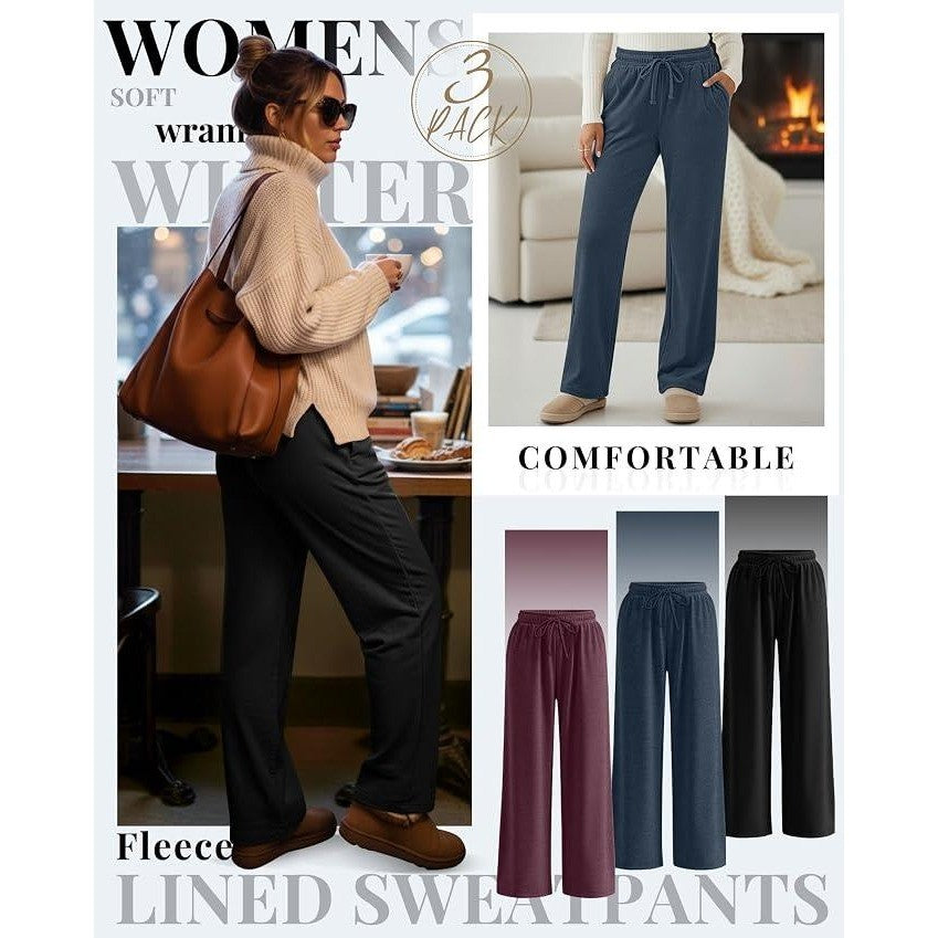 MSRP $70 Oakgarden 3 Pack Women's L Fleece Lined Sweatpants Straight Leg Thermal