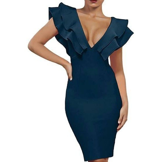 Uonbox Women's M Blue Ruffle Short Sleeve Plunge V Neck Bodycon Dress Back Spli
