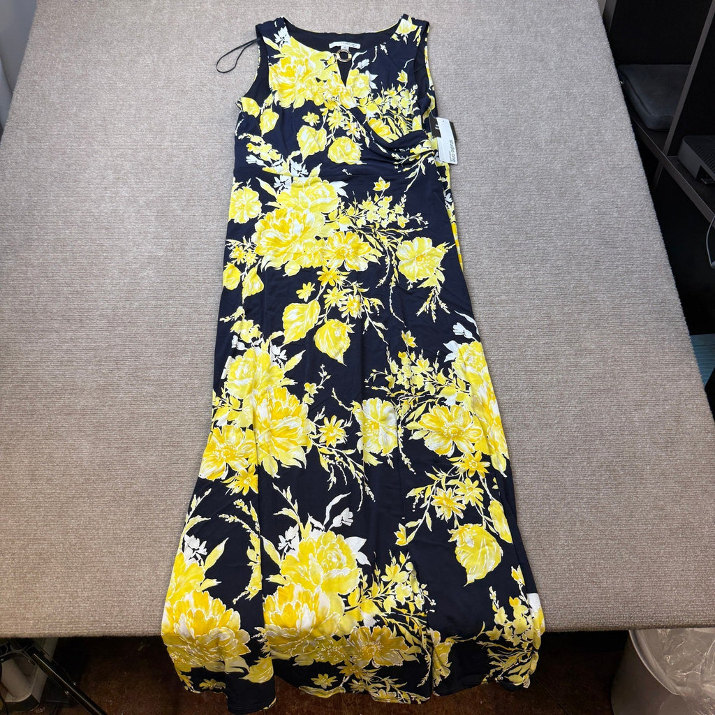 MSRP $89 Studio One Womens M Navy Yellow Keyhole Neck Maxi Dress Sleeveless