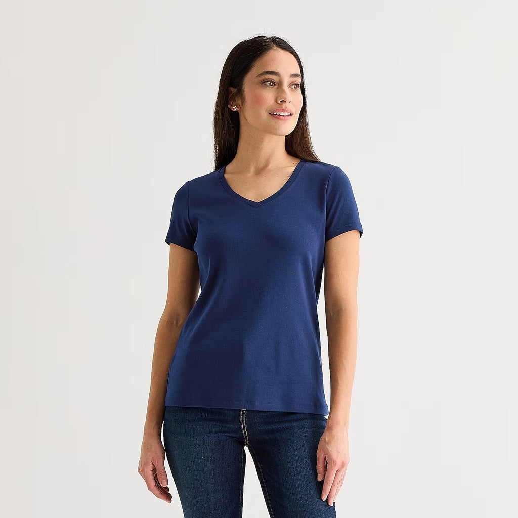 St. John's Bay Womens L American Navy V Neck Short Sleeve T-Shirt