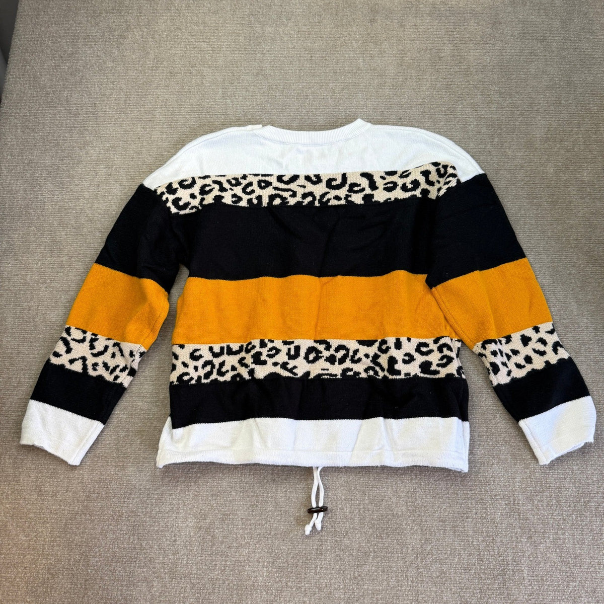 Women's XL Leopard Print Color Block Striped Knit Sweater Long Sleeve Crewneck