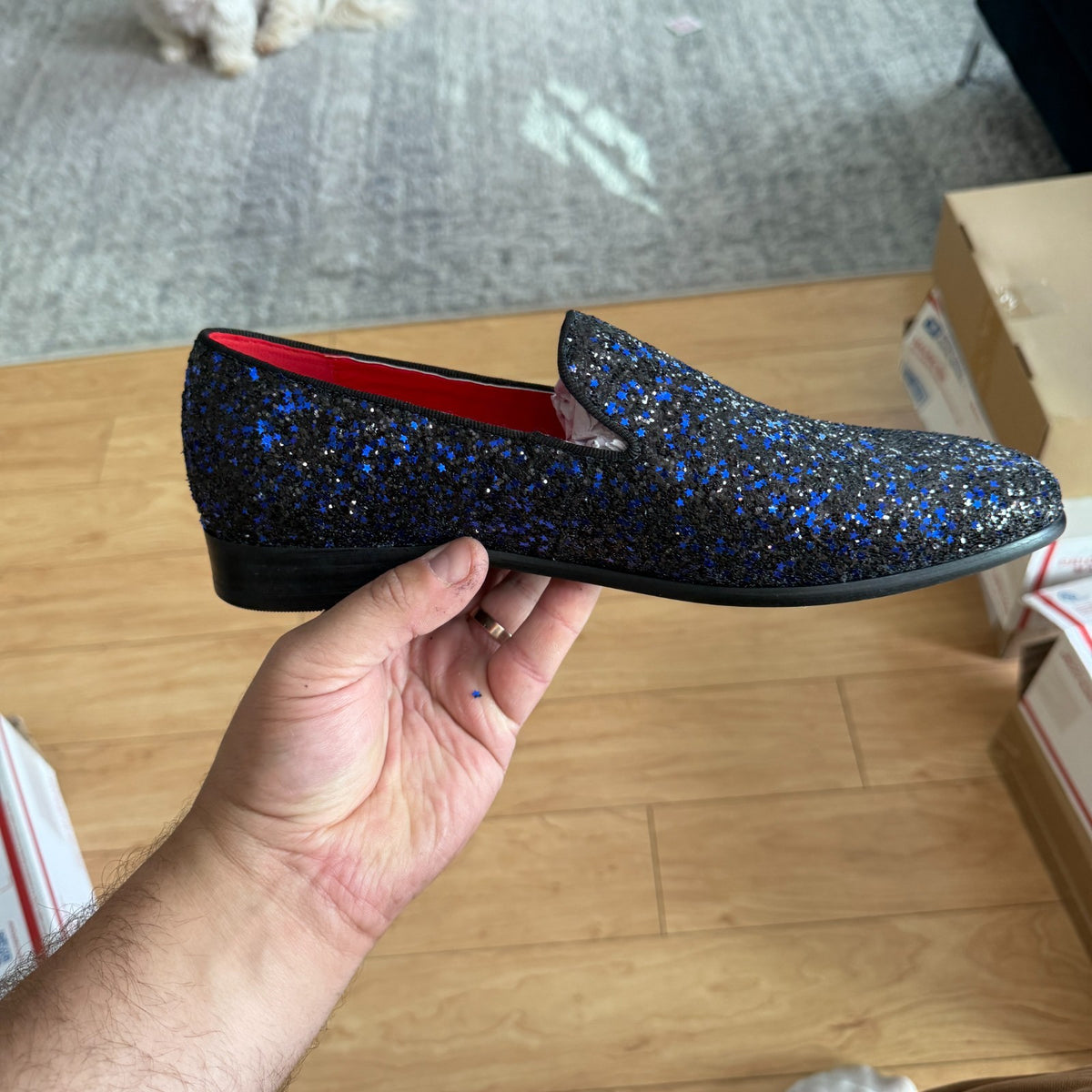 Santimon Men's US 7.5-12 Blue Sequins Glitter Smoking Loafers Casual Shoes