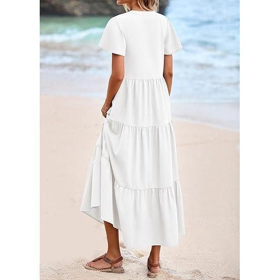 MSRP $53 KIRUNDO Women's White L Summer Maxi Dresses Spring Fashion Short Slee