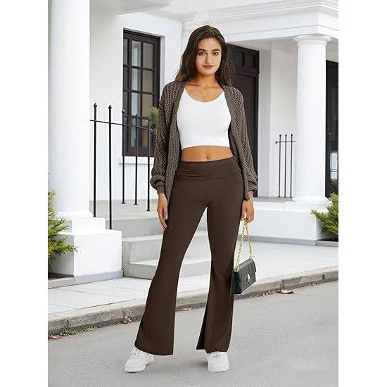 MSRP $19 COPYLEAF Women's Brown XS Flare Leggings Fold Over Yoga Pants Stretch