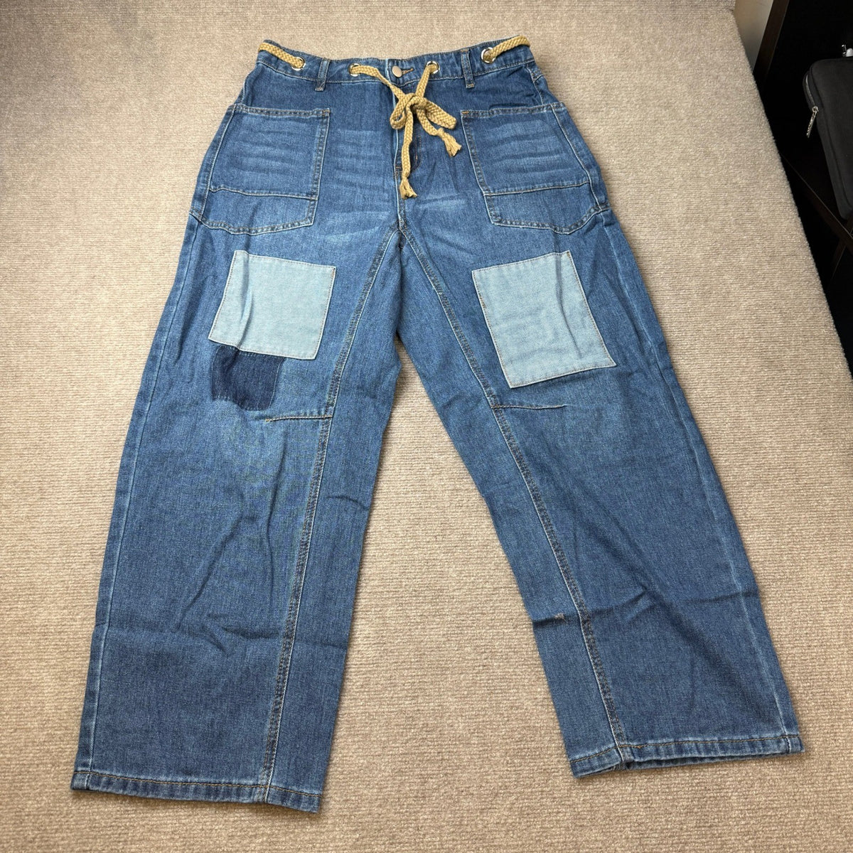 PLNOTME Womens 10 Blue Baggy Barrel Horseshoe Jeans Wide Leg Patchwork Low