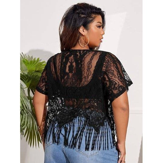 MSRP $24 SOLY HUX Women's Black 3XL Plus Size Sheer Lace Fringe T-Shirt