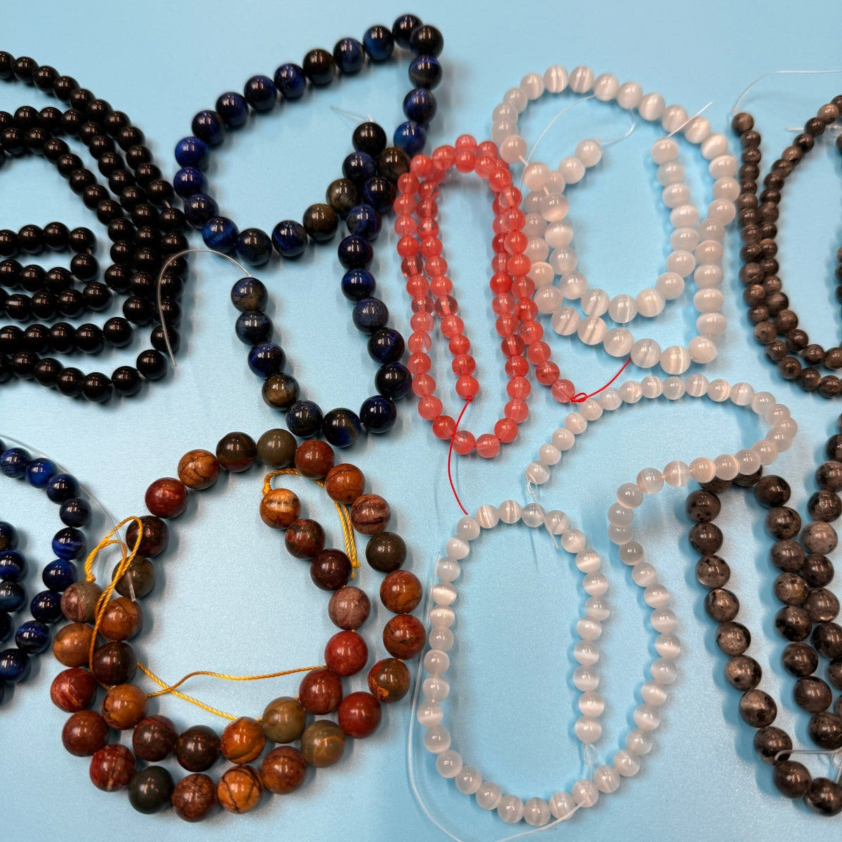 Set of 10 Natural Gemstone Round Beads Strands 15" Sizes 6,8,10 mm 14oz №B21